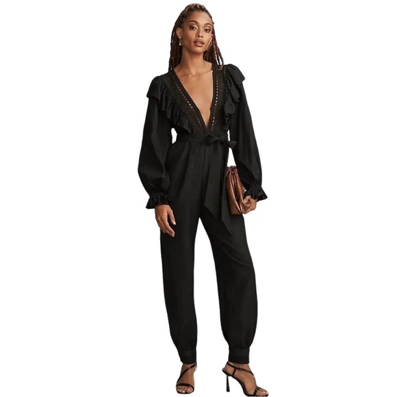 Farm Rio Black Laces & Ruffles Jumpsuit Blouson Sleeve Size XS NWT
